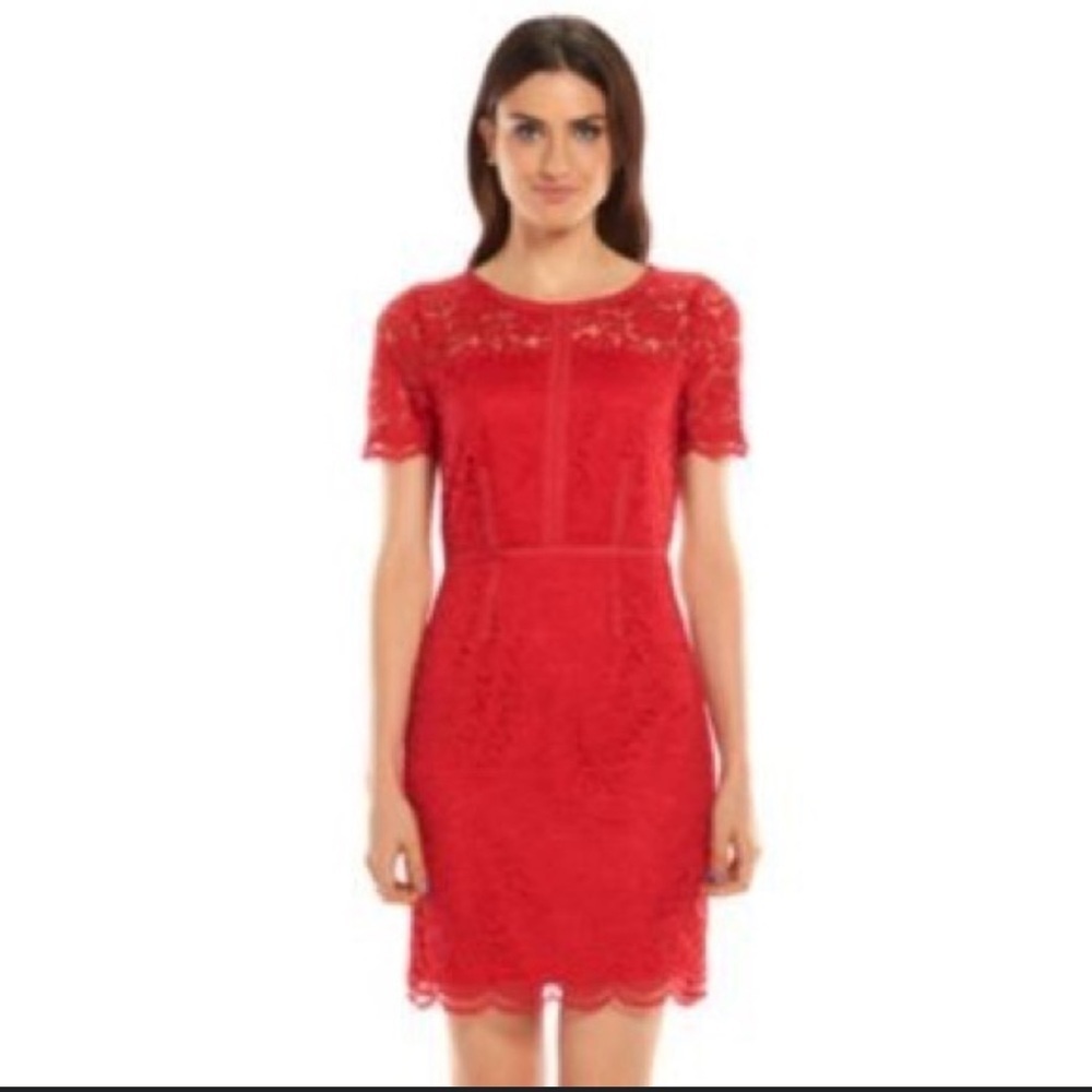 Elle Red Lace Sheath Dress Scalloped Hem Short Sleeve Size XS (See Measurements)